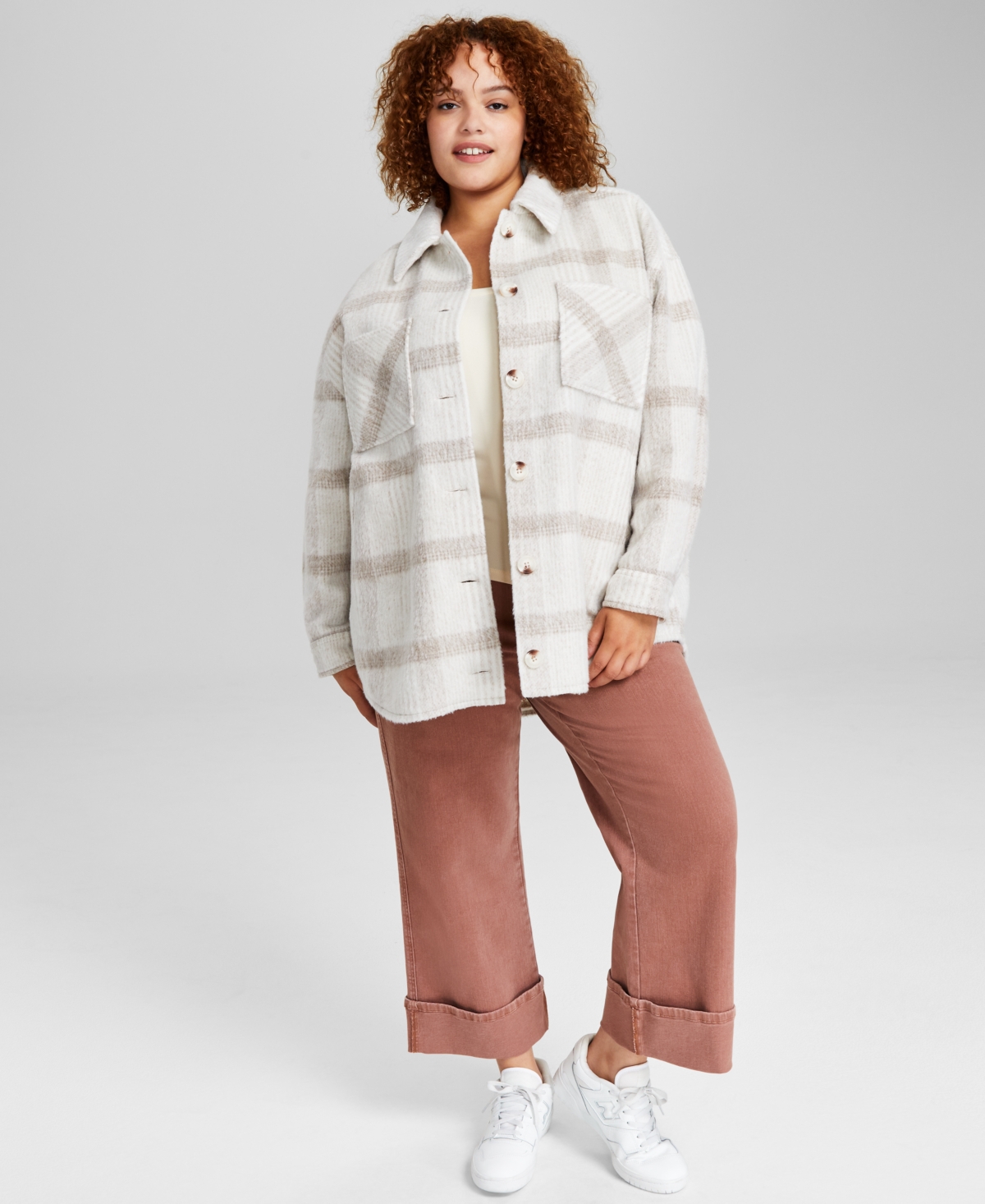 Trendy Plus Size Plaid Shirt Jacket, Created for Macy's - Neutral Plaid