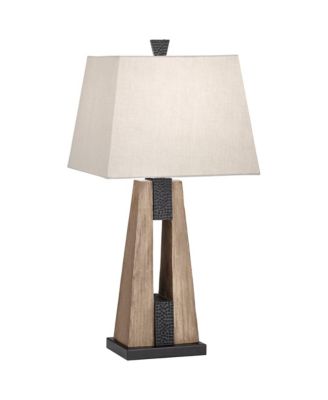Mitchell Rustic Farmhouse Table Lamps 27" Tall Set of 2 Wood with USB Charging Port Oatmeal Tapered Rectangular Shade for Living Room