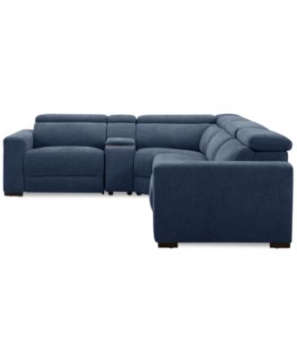 Nevio 5-Pc. Fabric Power Headrest L-Shape Sectional and Console with 2 Power Motion Chairs