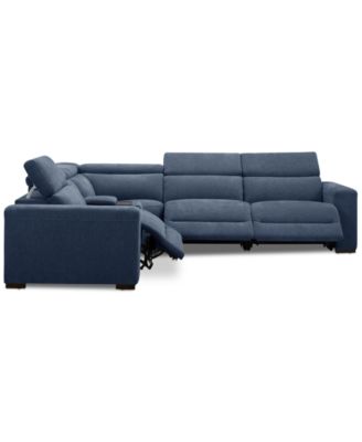 Nevio 5-Pc. Fabric Power Headrest L-Shape Sectional and Console with 3 Power Motion Chairs