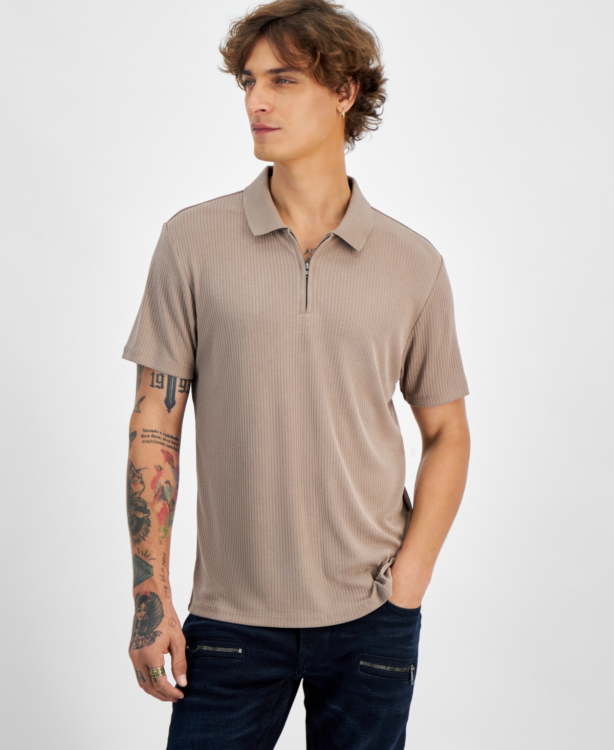 Guess Men's Union Zipper Ribbed Short Sleeve Polo Shirt