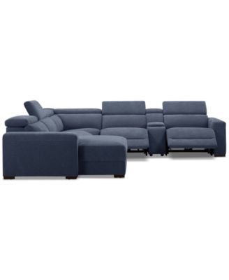 Nevio 6-Pc. Fabric Power Headrest Sectional with Chaise & Console and 3 Power Motion Chairs