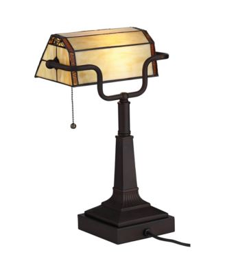 Traditional Piano Banker Desk Table Lamp 17" High with AC Power Outlet Bronze Floral Art Glass Bedroom Office