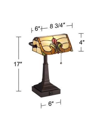 Traditional Piano Banker Desk Table Lamp 17" High with AC Power Outlet Bronze Floral Art Glass Bedroom Office