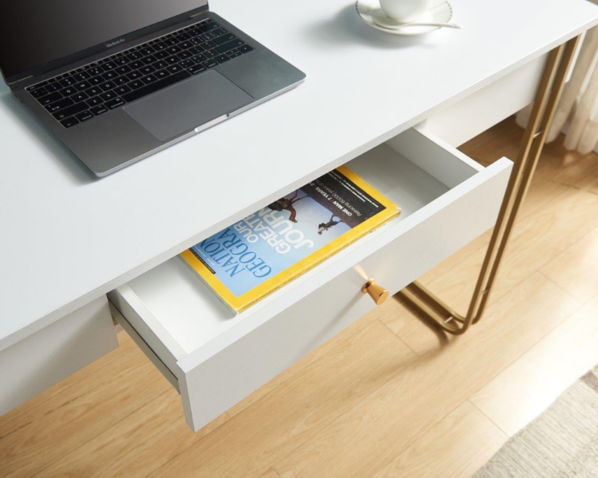 Streamdale Furniture Zen-Inspired Writing Desk with Drawer, Usb & Outlet Port - White & Gold