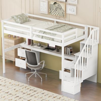 Streamdale White Loft Bed with Desk and Drawers