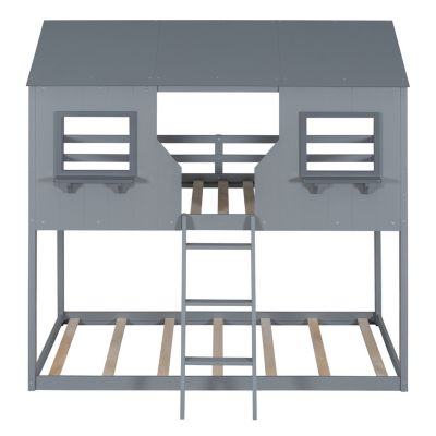 Streamdale Gray Bunk Bed with Roof, Window, and Guardrail