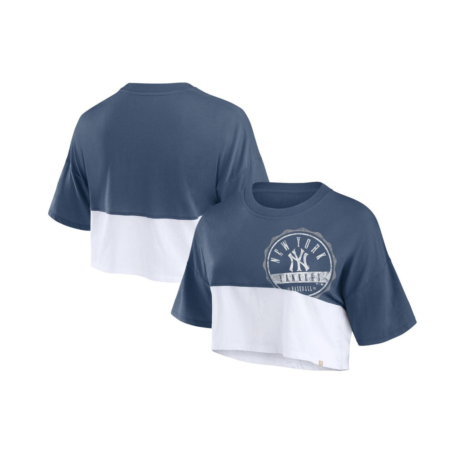 Women's Navy/White New York Yankees Color Split Boxy Cropped T-Shirt