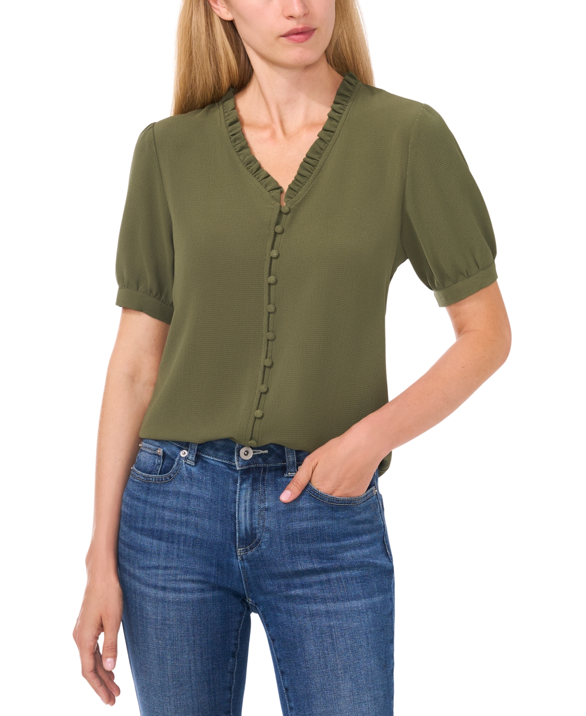 CECE WOMEN'S PUFF SLEEVE BUTTON FRONT SHORT SLEEVE BLOUSE