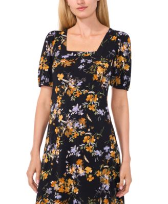 Women's Floral Puff-Sleeve Square-Neck Knit Dress