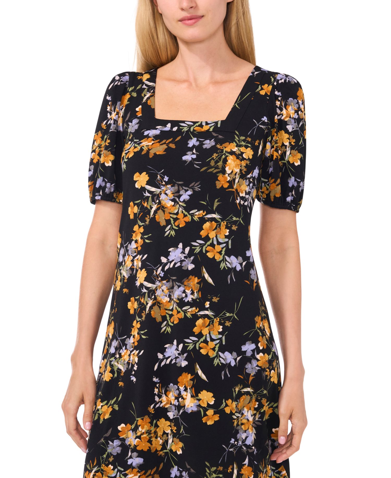 Women's Floral Puff-Sleeve Square-Neck Knit Dress