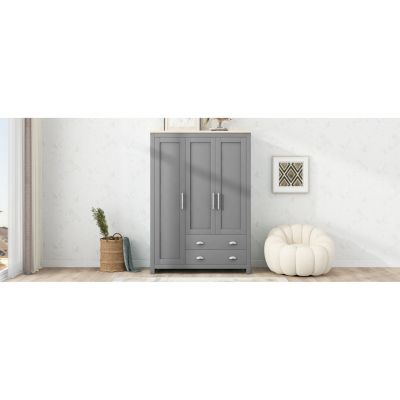 Streamdale Three Door Storage Wardrobe with Cabinets and Two Hanging Rods, Gray