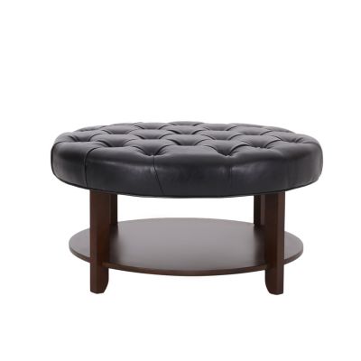 Contemporary Faux Leather Tufted Ottoman with Open Shelf