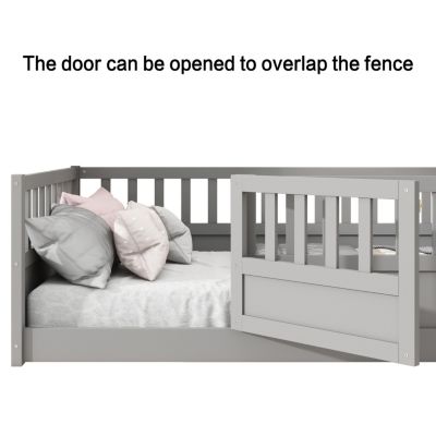 Streamdale Twin Floor Bed with Barrier and Door, Montessori Wooden Frame in Grey