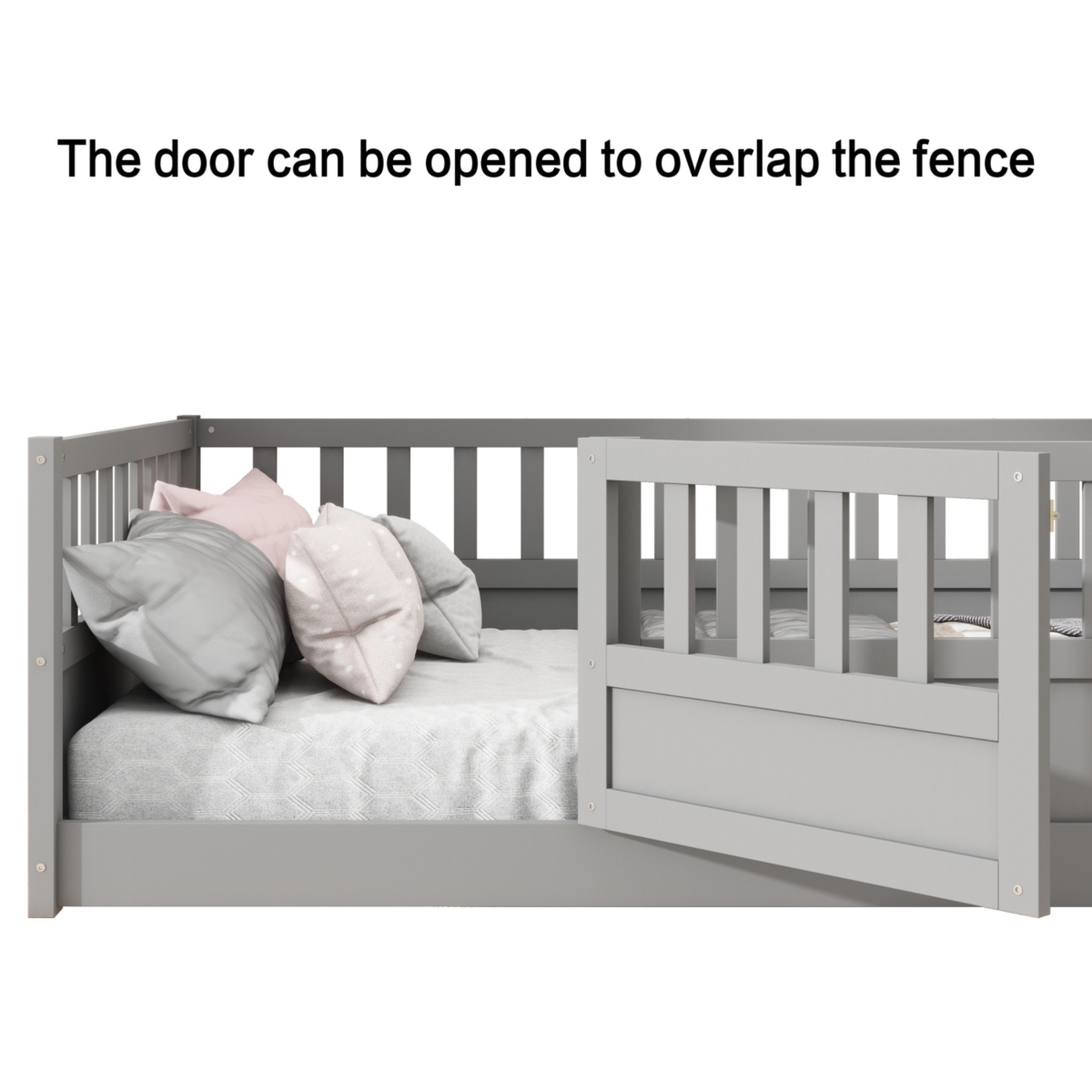 Streamdale Twin Floor Bed with Barrier and Door, Montessori Wooden Frame in Grey