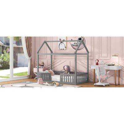 Streamdale Twin Size Wood House Bed with Fence and Door, Gray