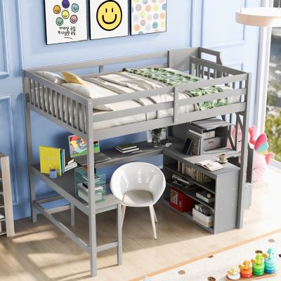 Full Size MDF Loft Bed with Desk, Shelves, and Staircase