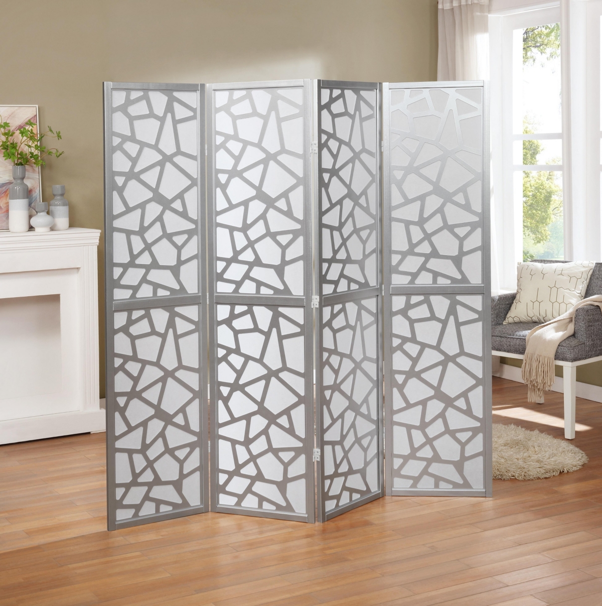 Streamdale Furniture Giyano 4 Panel Screen Room Divider, Sliver