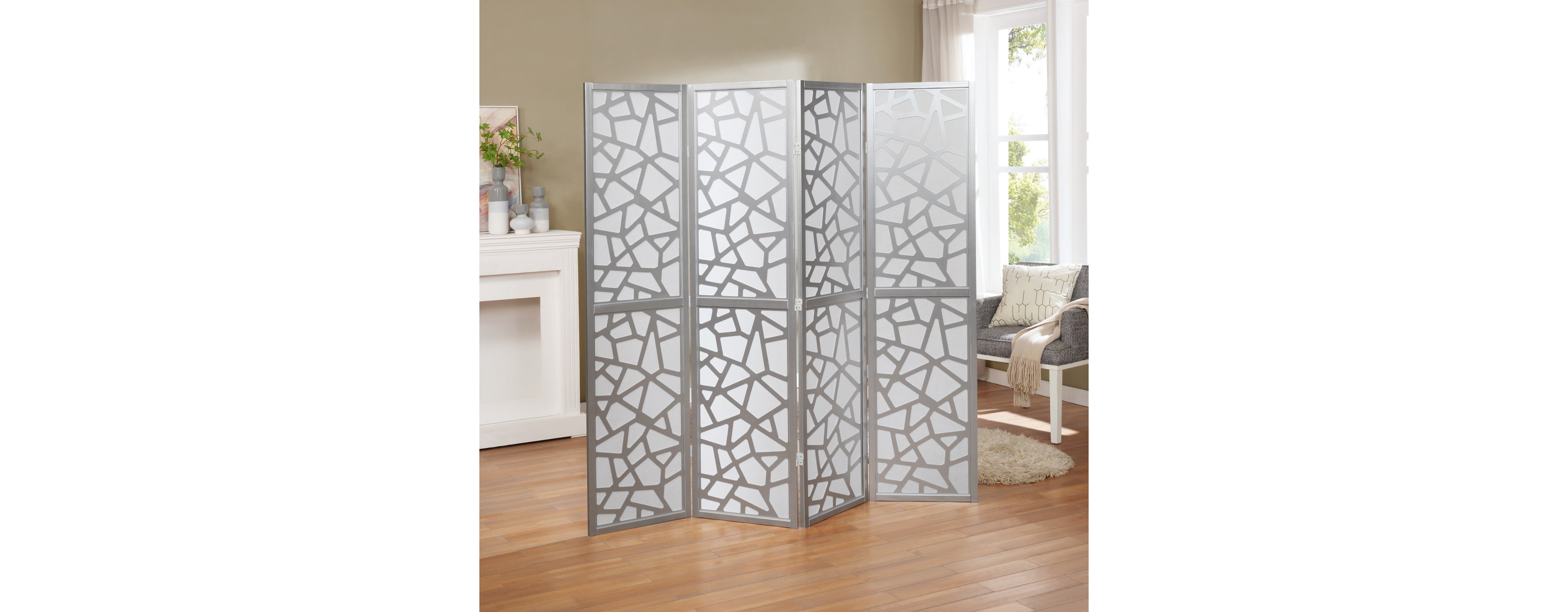 Streamdale Furniture Giyano 4 Panel Screen Room Divider, Sliver