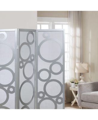 4-Panel Wood Room Divider with Circle Pattern, Silver