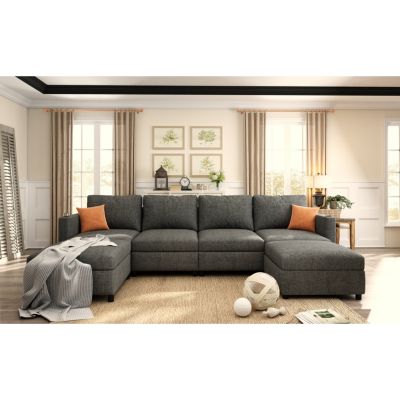 Streamdale 6-Piece Chenille & Wood Sectional Sofa – Modular Design, Storage Seats, Ottoman Options, U-Shaped Sleeper Sofa