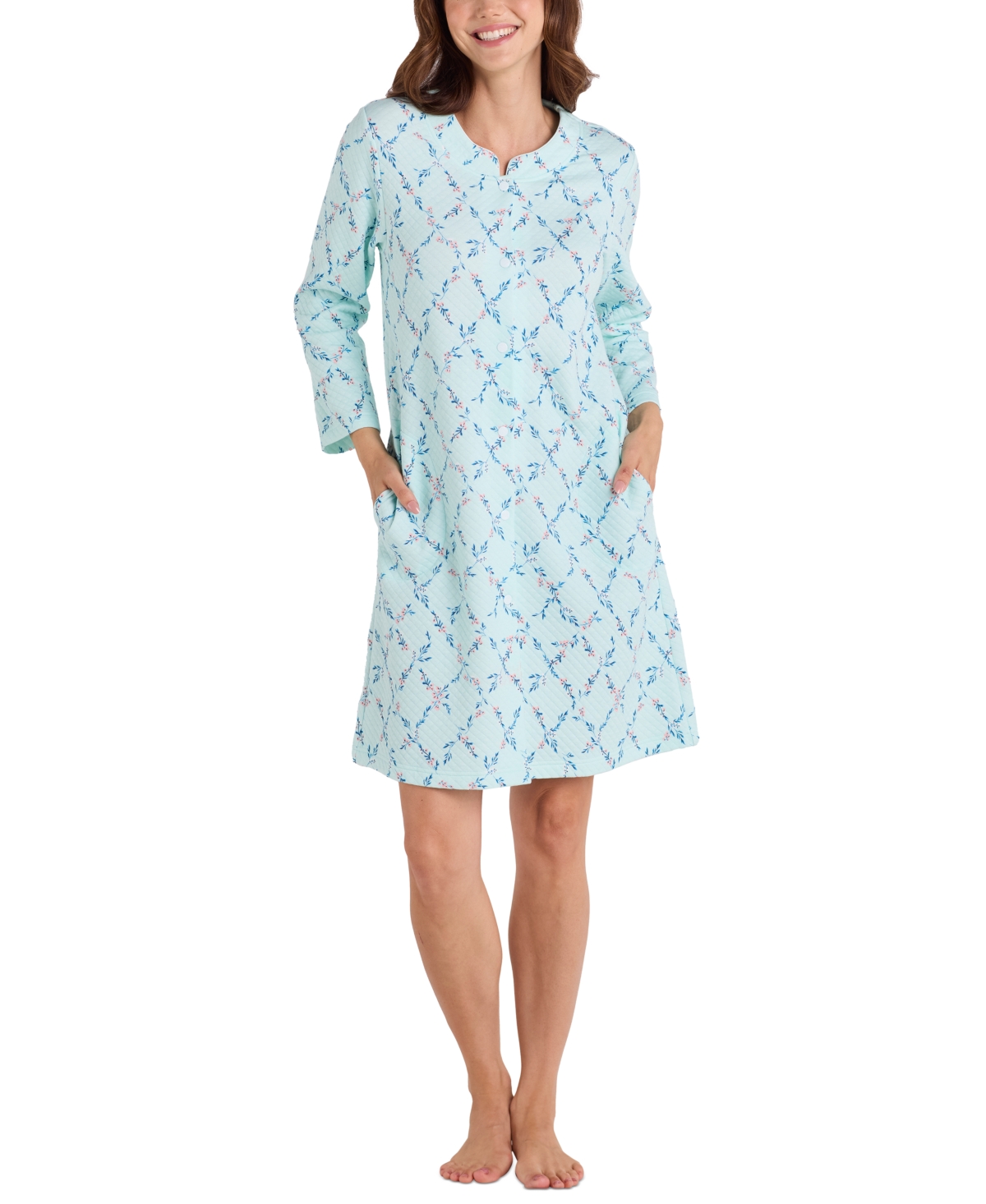 Women's Quilted Floral Long-Sleeve Robe - Mint Floral