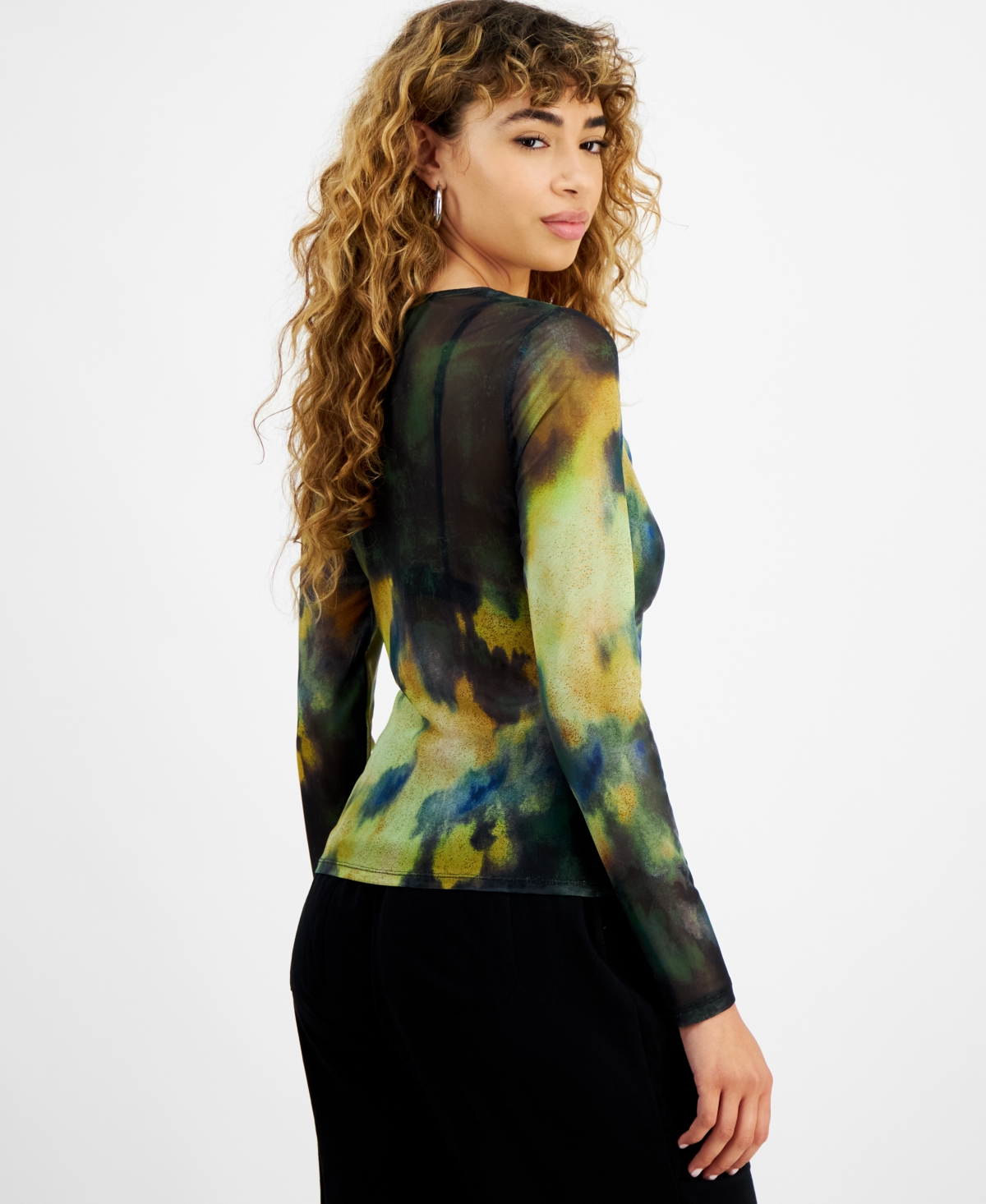 Bar Iii Women's Printed Mesh Cowlneck Long-Sleeve Top, Created for Macy's