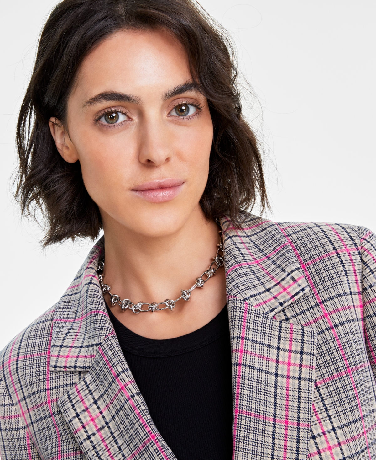 Shop On 34th Women's Plaid Boyfriend Blazer, Created For Macy's In Fuchsia Purple Combo