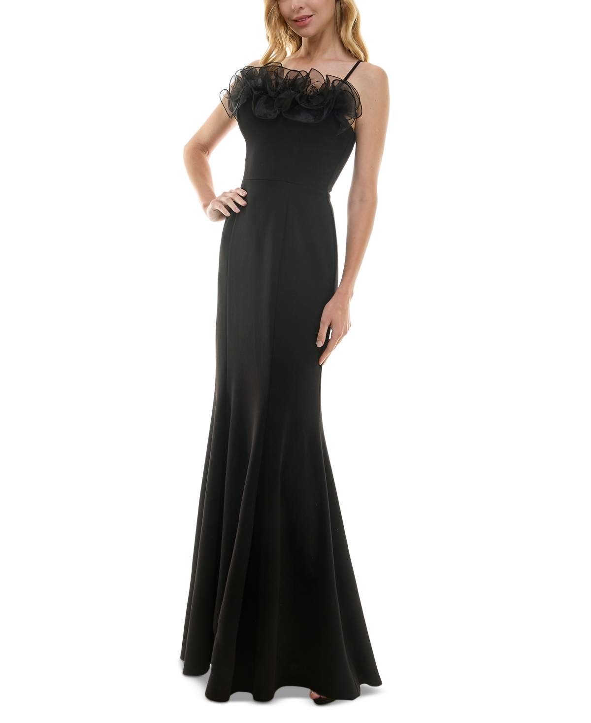 Women's Ruffled-Neck Evening Gown - Black