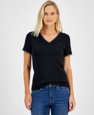 Women's Embellished V-Neck Cotton T-Shirt