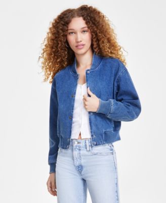 Women s Ribbed Edge Cropped Denim Bomber Jacket