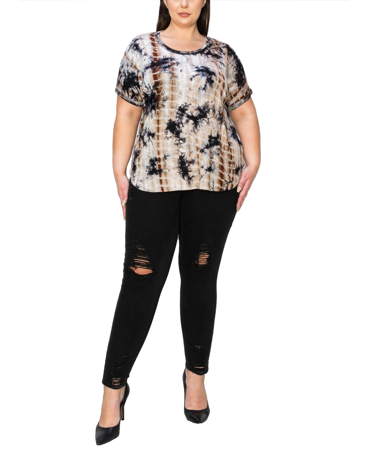 Coin 1804 Plus Size Tie Dye Short Sleeve Top -Brown
