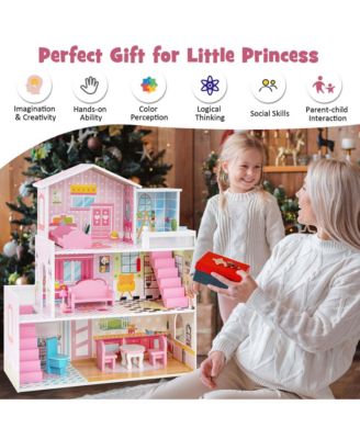 Kids Wooden Dollhouse Playset with 5 Simulated Rooms & 10 Pieces of Furniture