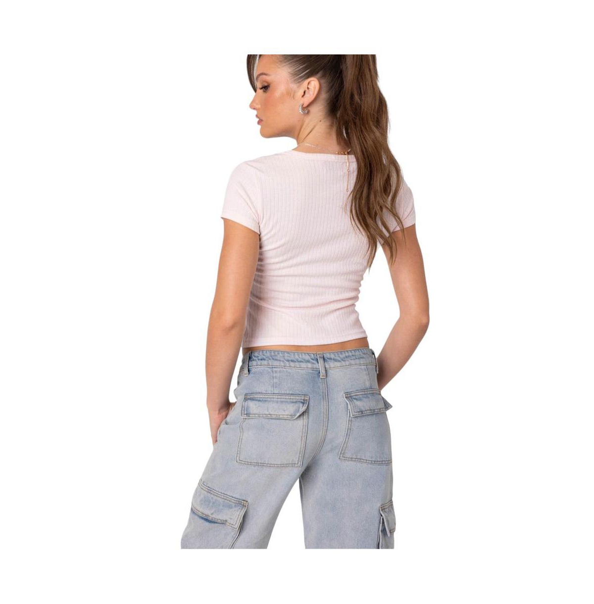 Edikted Women's Pointelle Henley T Shirt - Light-pink