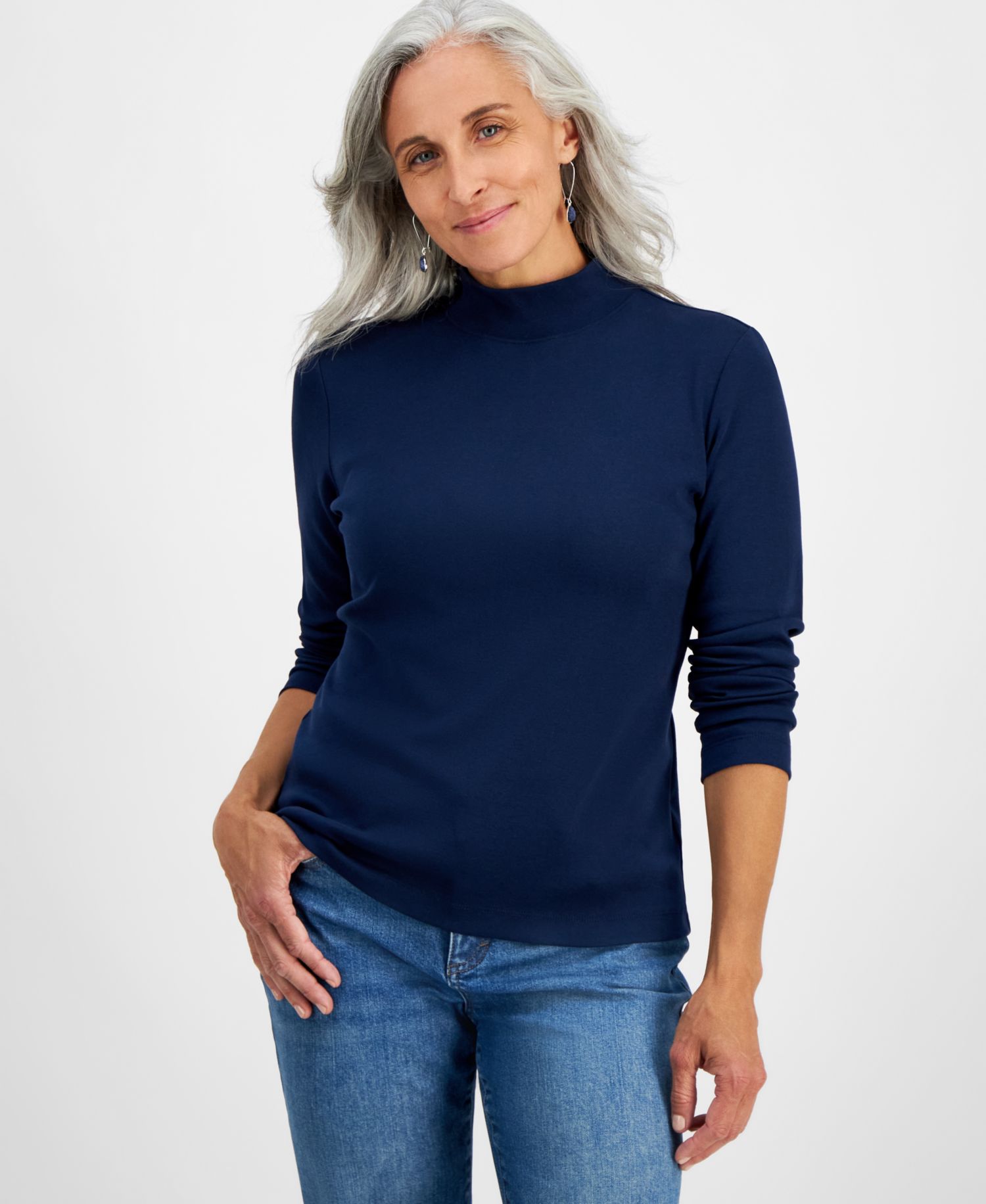 Petite Mock-Neck Cotton Long-Sleeve T-Shirt