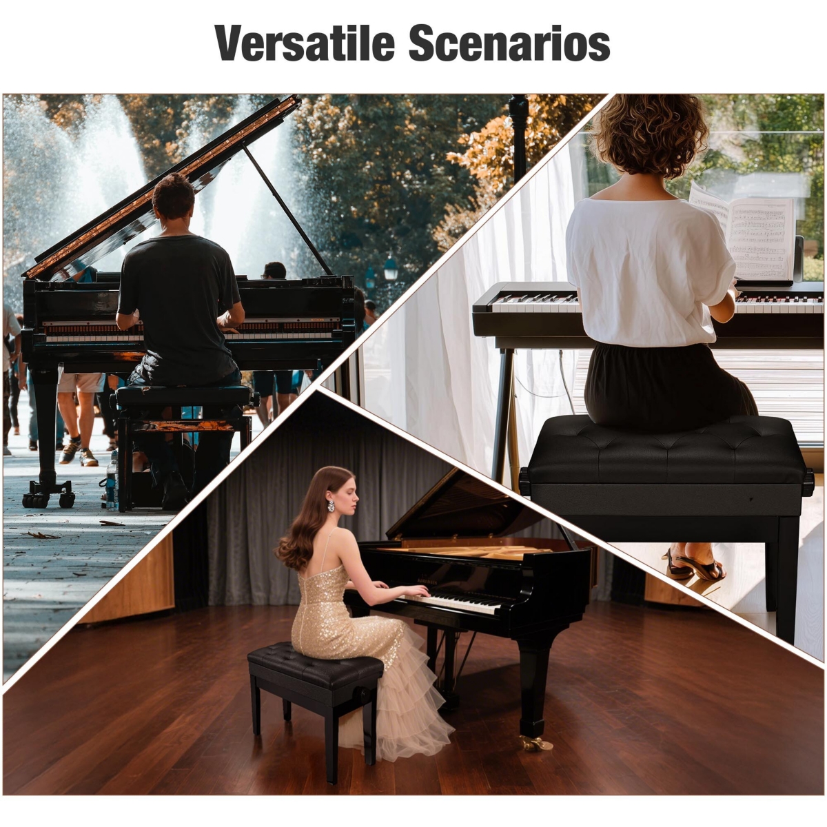 Yescom Piano Bench Pu Leather Storage Adjustable Height Padded Seat Keyboard- Black