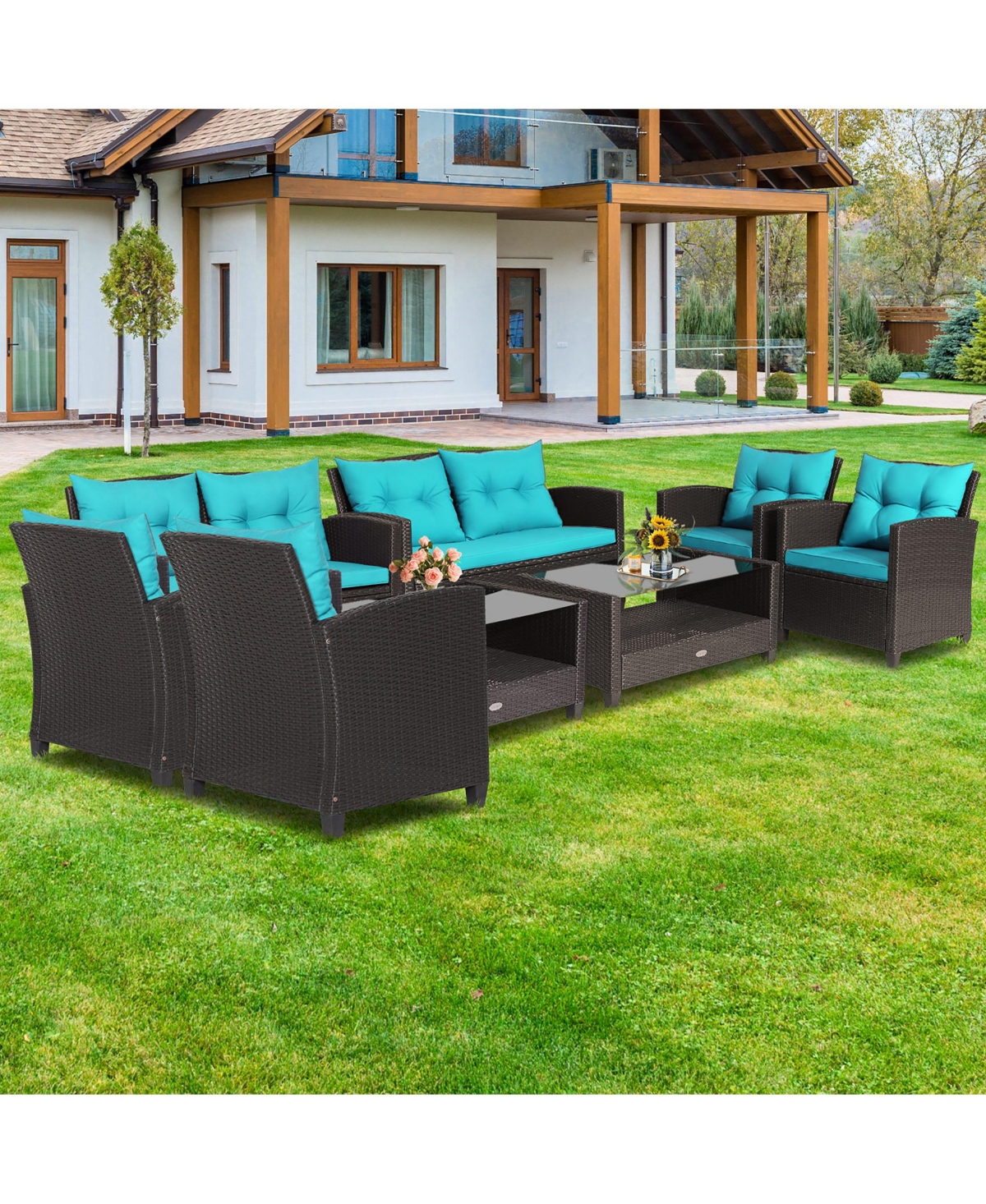 Costway 8 Pcs Patio Rattan Furniture Set Glass Table Shelf Sofa Cushion Turquoise