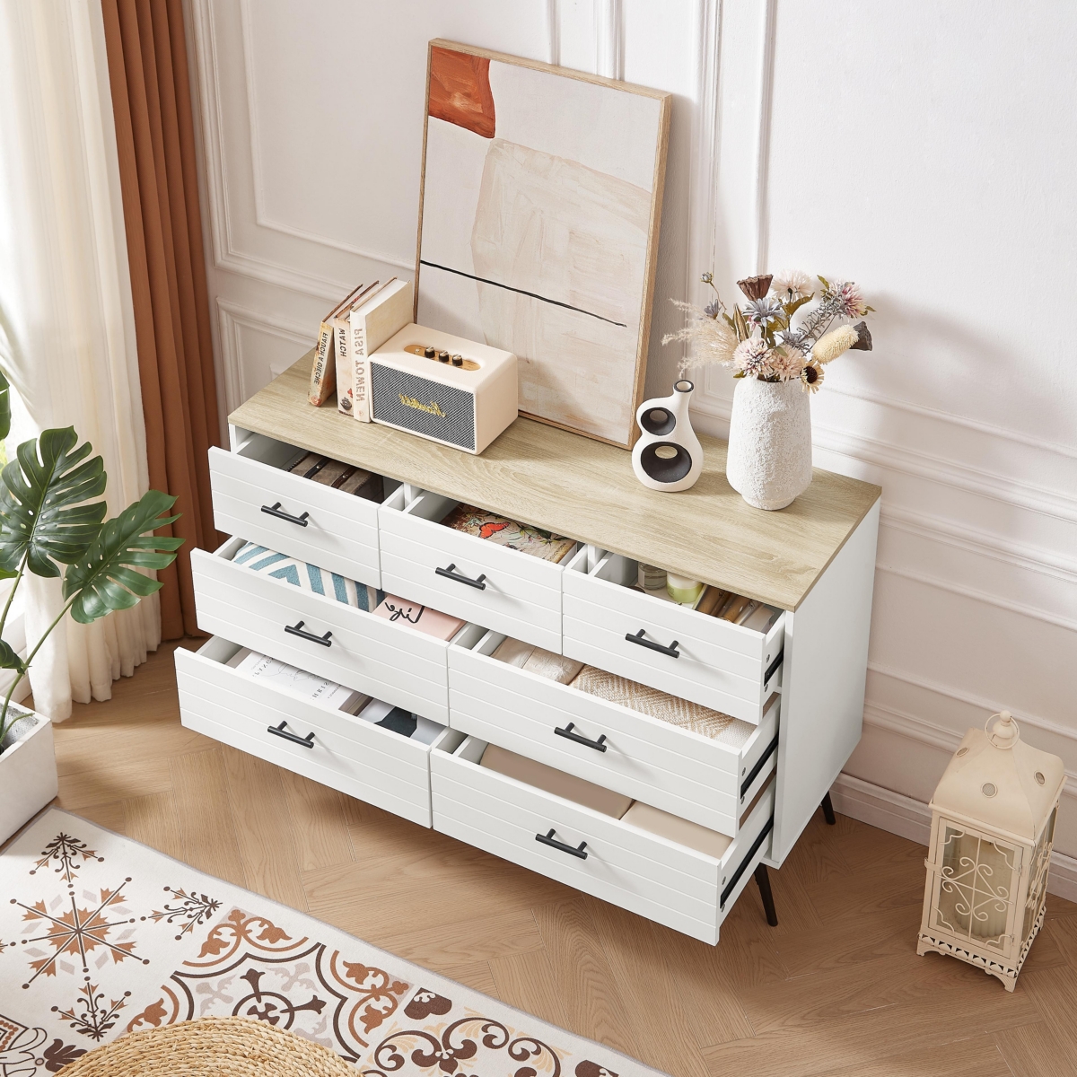 Streamdale Furniture Sturdy Bedroom Chest with 7 Drawers and X-Shaped Stabilizing Feet - White + light oak