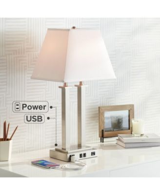Amity Modern Table Lamp 26" High Brushed Nickel with USB and AC Power Outlet in Base White Linen Shade for Bedroom Bedside Desk