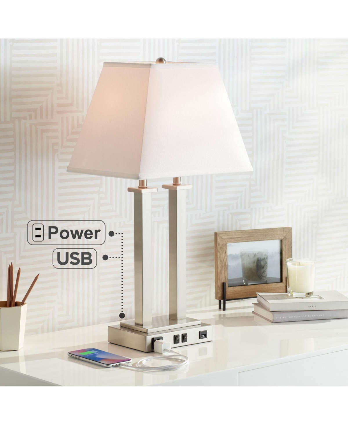 Possini Euro Design Amity Modern Table Lamp High with Usb and Ac Power Outlet in Base Brushed Nickel White Linen Hardback Shade for Bedroom Living
