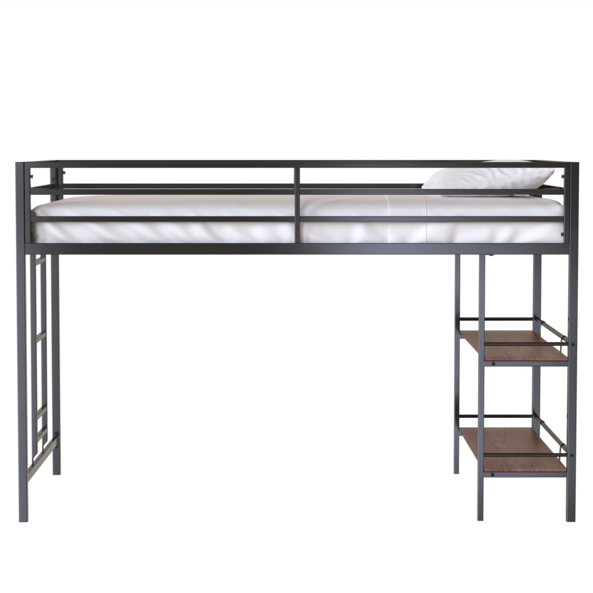 Adam junior twin loft bunk black with Cinnamon wood shelf