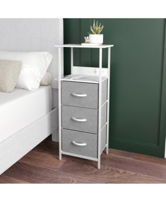 Nightstand with 3 Fabric Drawers and Built-in Charging Station