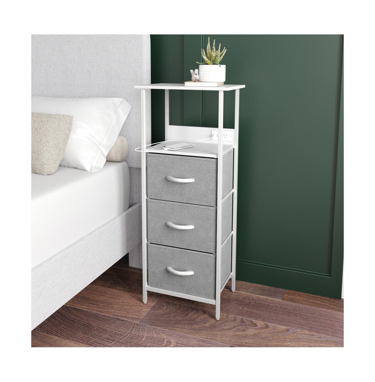 Emma+Oliver Hermes Nightstand With 3 Fabric Drawers, Charging Station With 2 Usb Ports/Power Outlet, Engineered Wood Top, Wood Handles, Metal Frame