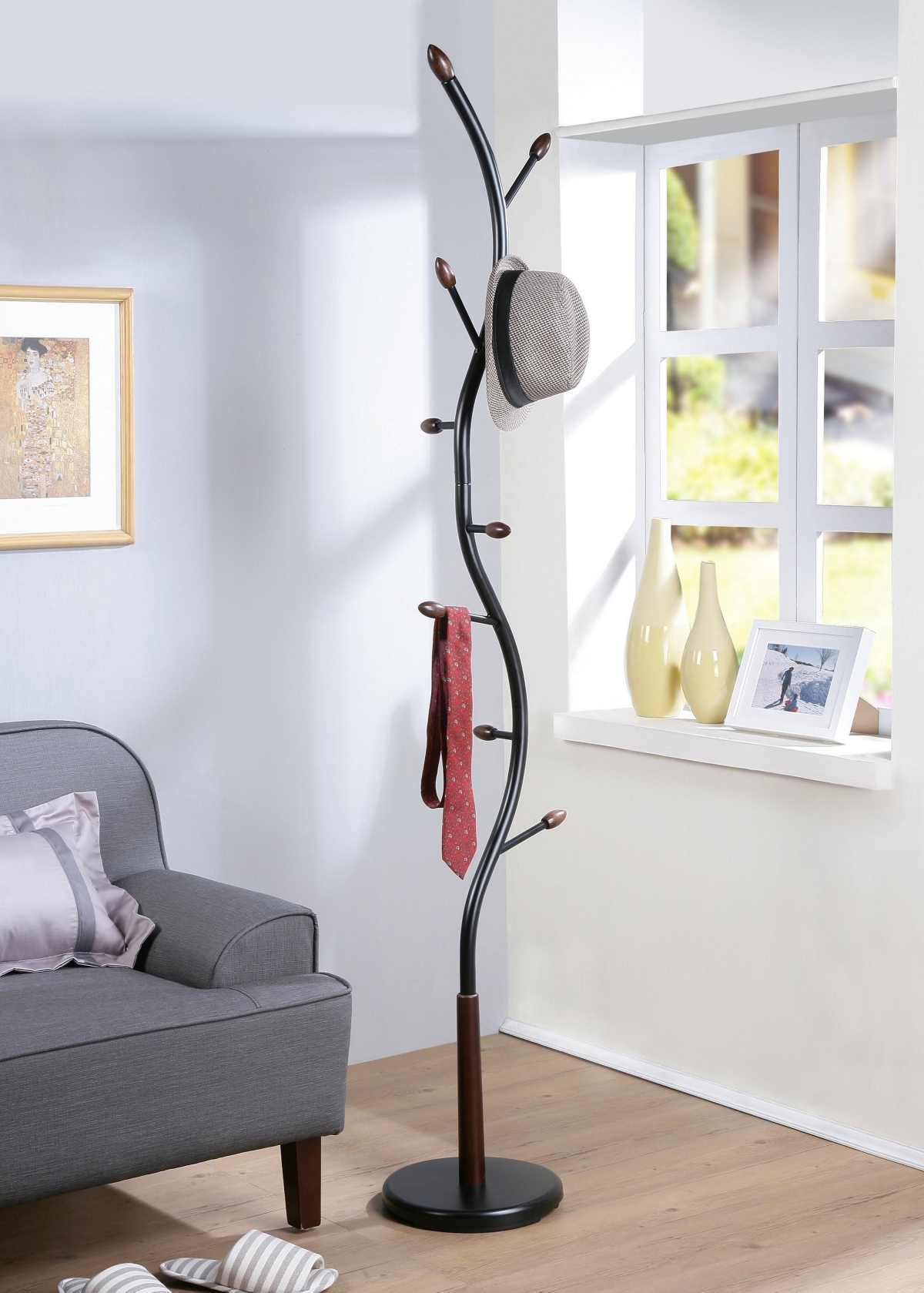 Arles Metal Black and Walnut Standing Coat Rack - Black