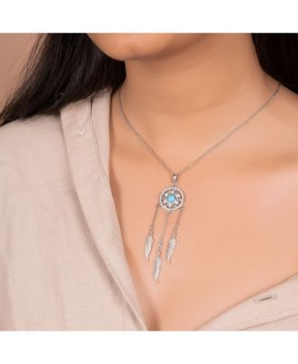 Western Synthetic Turquoise Accent Native American Indian Multi Feathers Leaf Dream Catcher Pendant Necklace Oxidized Sterling Silver
