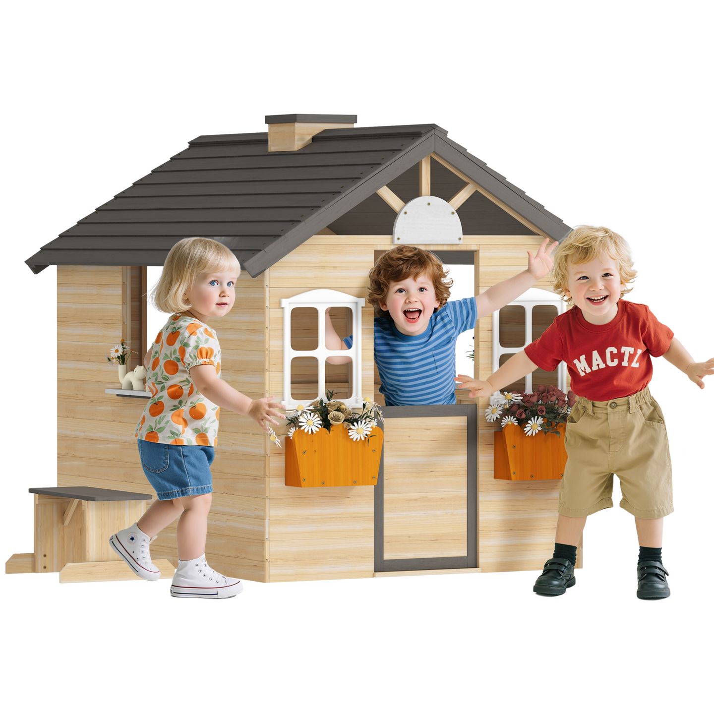 Детская игрушка Outsunny Wooden Outdoor Playhouse, Ages 3-7, цвет: Натуральный — фото 1