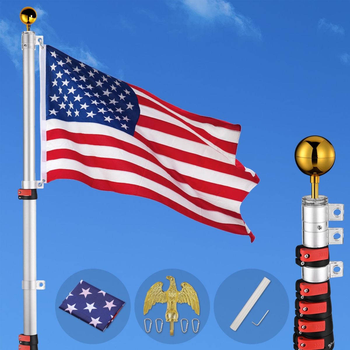 30ft Telescopic Aluminum Flagpole w/ Eagle Gold Ball Top Finial 3'x5' Us Flag Kit - Natrual
