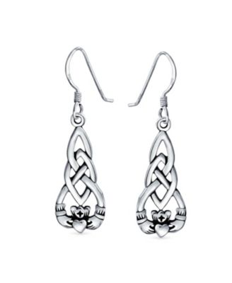 Friendship BFF Heart Circle Irish Love Symbol Celtic Claddagh Dangle Earrings Oxidized Sterling Silver Fish Hook