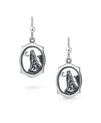 Oval Animal Totem Amulet Wicca Jewelry Crescent Moon Howling Wolf Dangle Earrings Sterling Silver Fish Hook