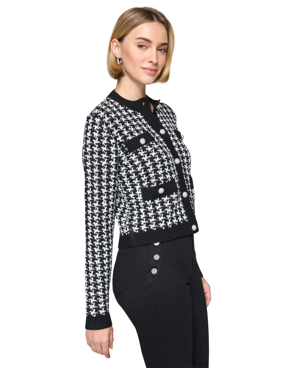 Karl Lagerfeld Paris Women's Houndstooth Cardigan - Black  Soft White
